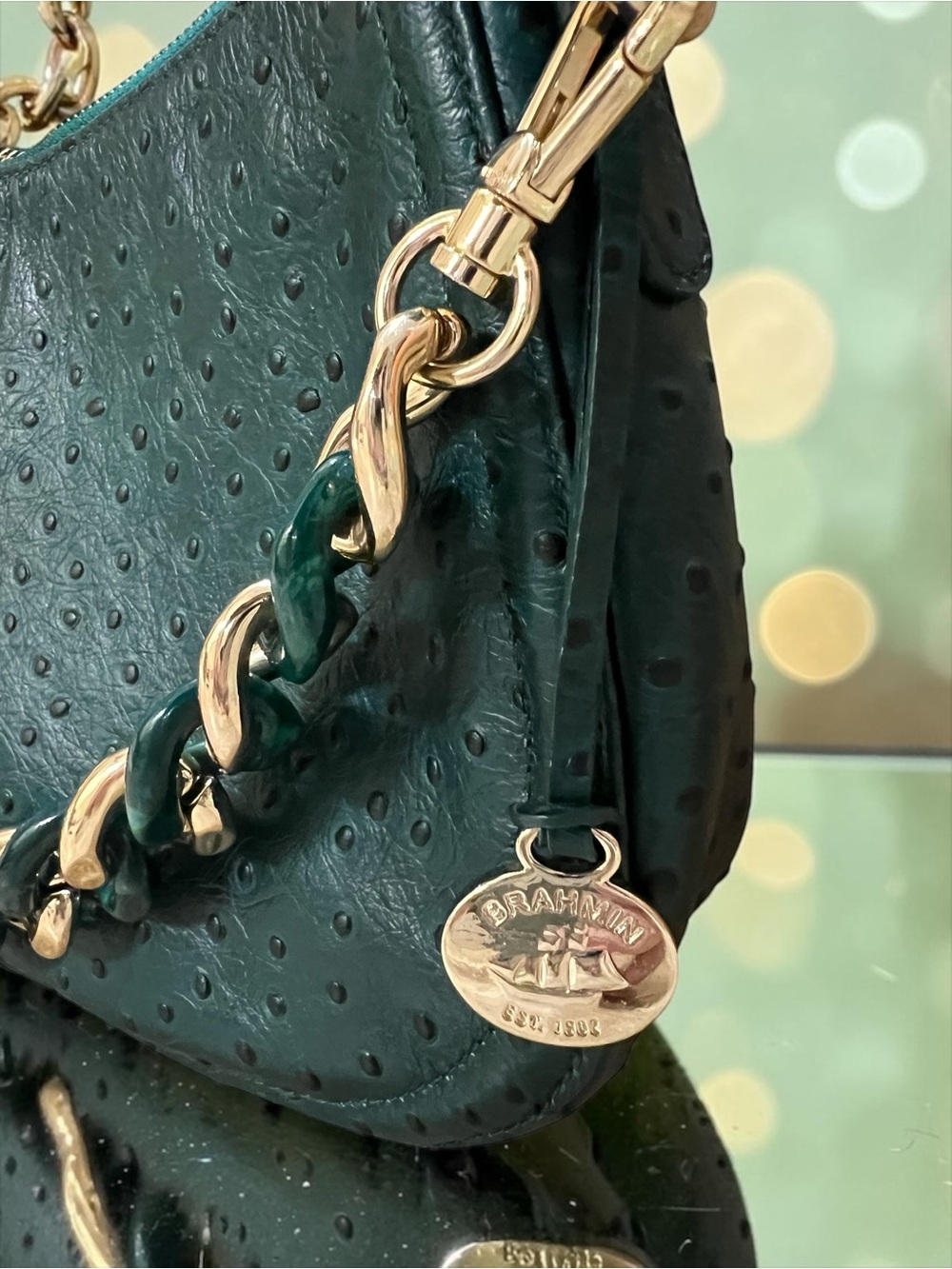 Brahmin Leather Ostrich Embossed MOD SHAYNA Crossbody Bag, Emerald Greenvale - Picture 8 of 8